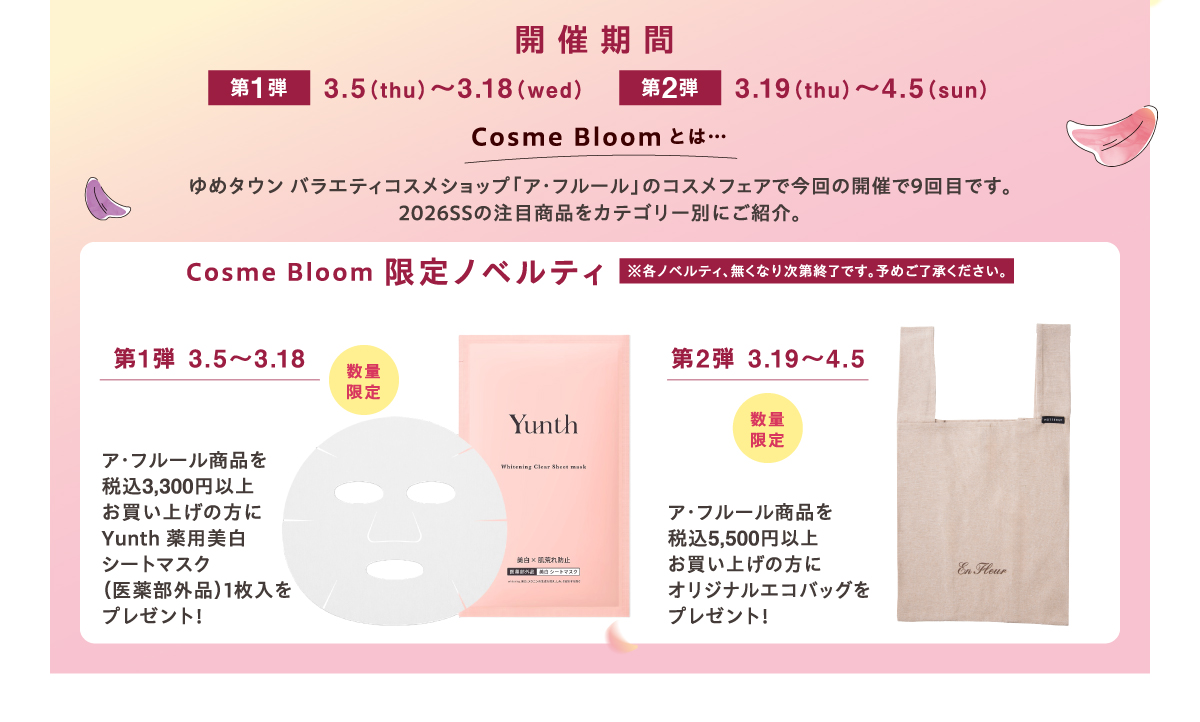 開催期間 第1弾3月5日（木曜日）～3月18日（水曜日）Cosme Bloomとは…ゆめタウン バラエティコスメショップ「ア・フルール」のコスメフェアで今回の開催で9回目です。2026SSの注目商品をカテゴリー別にご紹介。Cosme Bloom 限定ノベルティ(※各ノベルティ、無くなり次第終了です。予めご了承ください。) 第1弾 3月5日（木曜日）～3月18日（水曜日）数量限定 ア・フルール商品を税込3,300円以上お買い上げの方にYunth 薬用美白シートマスク（医薬部外品）1枚入をプレゼント！ 第2弾 3月19日（木曜日）～4月5日（日曜日）数量限定 ア・フルール商品を税込5,500円以上お買い上げの方にオリジナルエコバッグをプレゼント！