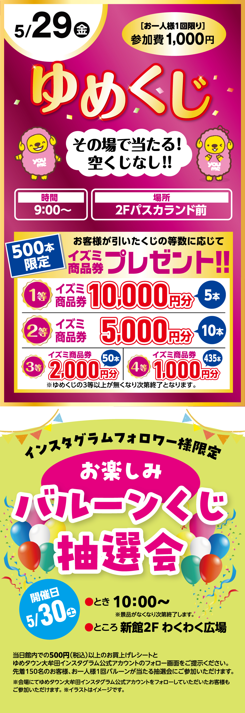 5月29日(金曜日) ゆめくじ　その場で当たる！空くじなし！！[お一人様1回限り]参加費1,000円　時間：9時～　場所：2階パスカランド前　【500本限定】お客様が引いたくじの等数に応じてイズミ商品券プレゼント！【1等】イズミ商品券10,000円分〈5本〉【2等】イズミ商品券5,000円分〈10本〉【3等】イズミ商品券2,000円分〈50本〉【4等】イズミ商品券1,000円分〈435本〉※ゆめくじの3等以上がなくなり次第終了となります。　〈インスタグラムフォロワー様限定〉お楽しみバルーンくじ抽選会　開催日：5月30日(土曜日)　とき：10時～　ところ：新館2階 わくわく広場　当日館内での500円（税込）以上のお買上げレシートとゆめタウン大牟田インスタグラム公式アカウントのフォロー画面をご提示ください。先着150名のお客様、お一人様1回バルーンが当たる抽選会にご参加いただけます。※会場にてゆめタウン大牟田インスタグラム公式アカウントをフォローしていただいたお客様もご参加いただけます。 ※イラストはイメージです。