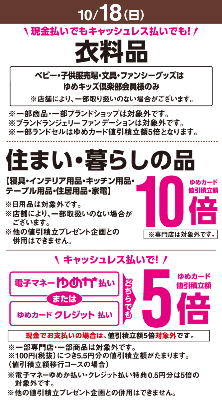 〈10月18日(日曜日)〉現金払いでもキャッシュレス払いでも！衣料品ベビー・子供服売場・文具・ファンシーグッズはゆめキッズ倶楽部会員様のみ※店舗により、一部取り扱いのない場合がございます。※一部商品・一部ブランドショップは対象外です。※ブランドランジェリーファンデーションは対象外です。※一部ランドセルはゆめカード値引積立額5倍となります。　住まい・暮らしの品【寝具・インテリア用品・キッチン用品・テーブル用品・住居用品・家電】※日用品は対象外です。※店舗により、一部取扱いのない場合がございます。ゆめカード値引積立額10倍※専門店は対象外です。※他の値引積立プレゼント企画との併用はできません。　キャッシュレス払いで！電子マネーゆめか払いまたはゆめカードクレジット払い　どちらでもゆめカード値引積立額5倍※一部専門店・一部商品は対象外です。現金でお支払いの場合は、値引積立額5倍対象外です。※100円(税抜）につき5.5円分の値引積立額がたまります。（値引積立額移行コースの場合）※電子マネーゆめか払い・クレジット払い特典0.5円分は5倍の対象外です。※他の値引積立プレゼント企画との併用はできません。
