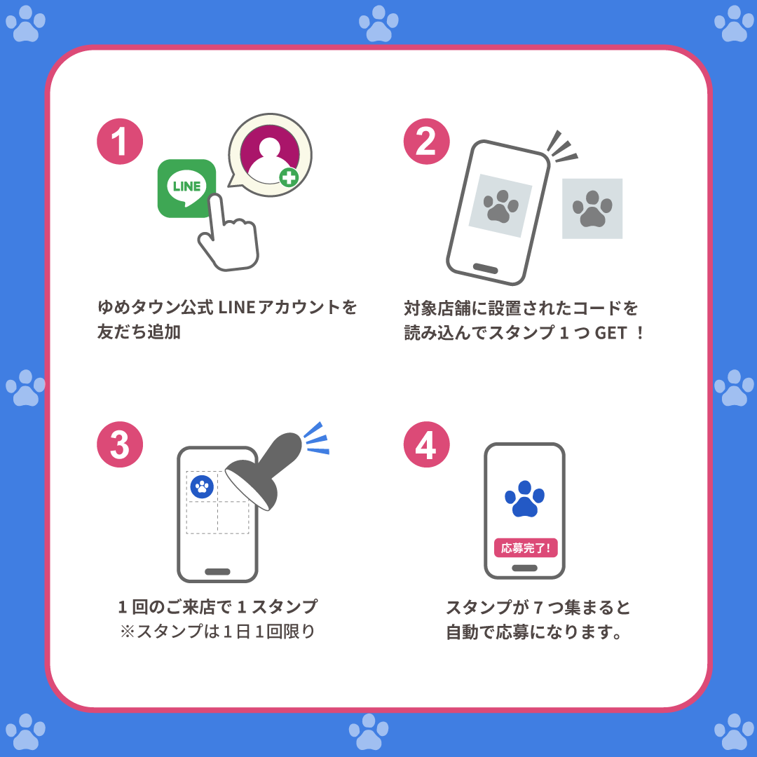 ①ゆめタウン公式LINEアカウントを友だち追加 ②対象店舗に設置されたコードを読み込んでスタンプ1つゲット！ ③1回のご来店で1スタンプ※スタンプは1日1回限り ④スタンプが7つ集まると自動で応募になります。